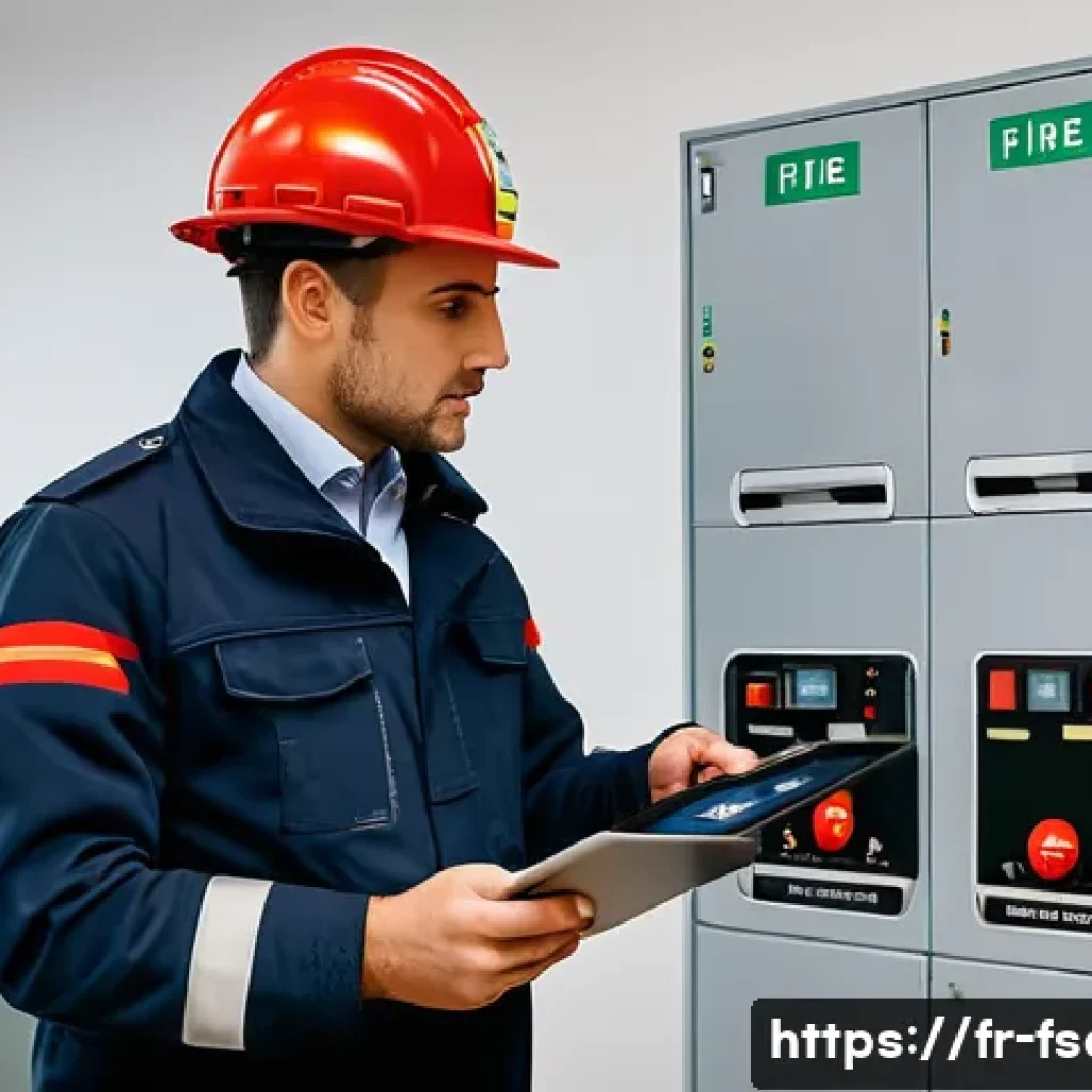 소방안전관리사와 소방시설 점검 프로세스 - A detailed professional fire safety inspection scene inside a modern French office building, featuri...