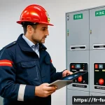 소방안전관리사와 소방시설 점검 프로세스 - A detailed professional fire safety inspection scene inside a modern French office building, featuri...