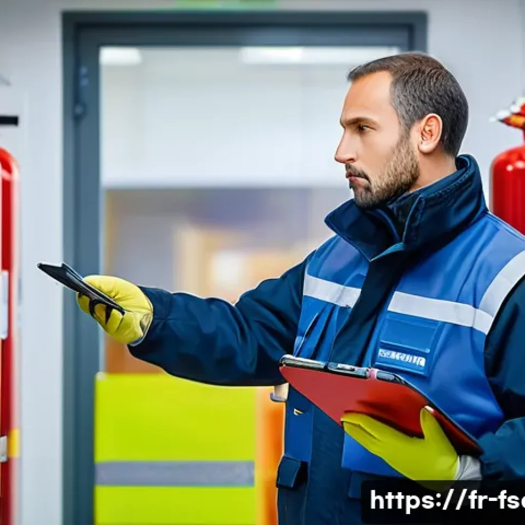 소방안전관리사 직무 수행 중 애로사항 - A professional fire safety technician in a large French office building, meticulously inspecting and...