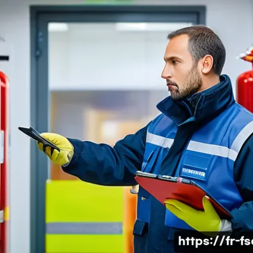 소방안전관리사 직무 수행 중 애로사항 - A professional fire safety technician in a large French office building, meticulously inspecting and...