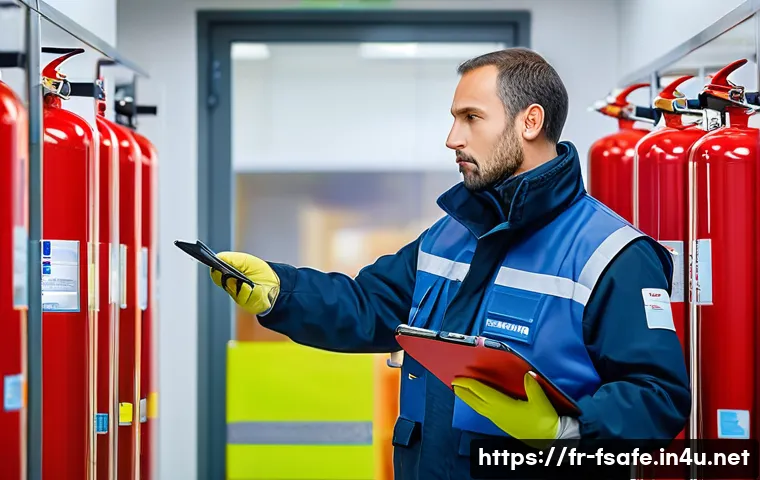 소방안전관리사 직무 수행 중 애로사항 - A professional fire safety technician in a large French office building, meticulously inspecting and...