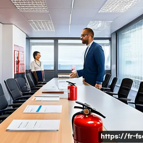 소방안전관리사와 관련된 법규 정리 - A professional fire safety officer conducting a detailed training session for office staff in a mode...
