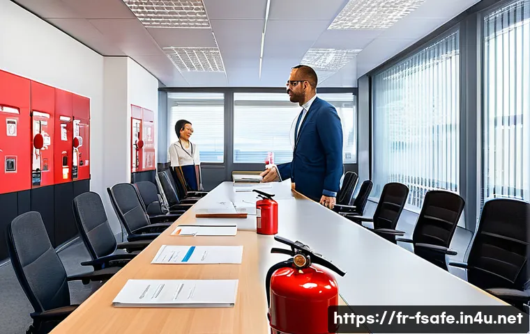 소방안전관리사와 관련된 법규 정리 - A professional fire safety officer conducting a detailed training session for office staff in a mode...