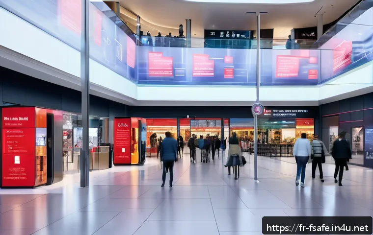 소방안전관리사 관련 논문 및 연구 자료 - A modern shopping mall interior equipped with advanced IoT smoke and gas detectors mounted on ceilin...