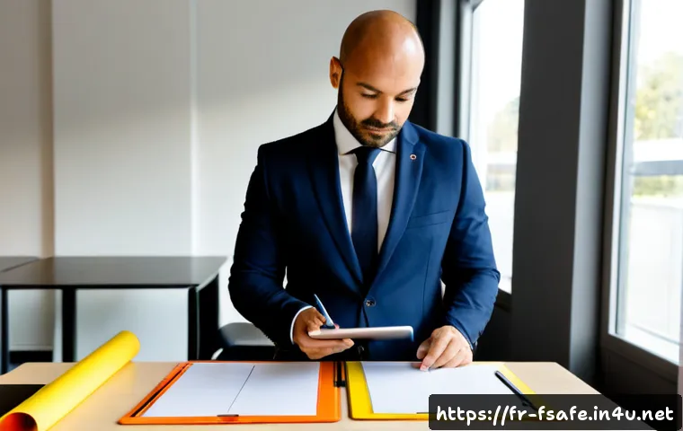 소방안전관리사 경력 개발 계획 - Photorealistic French fire safety professional in a modern office, reviewing a career development pa...