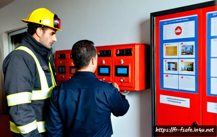 소방안전관리사와 소방관의 차이점 - Photorealistic side-by-side comparison scene in a modern French municipal building: a fire safety ma...