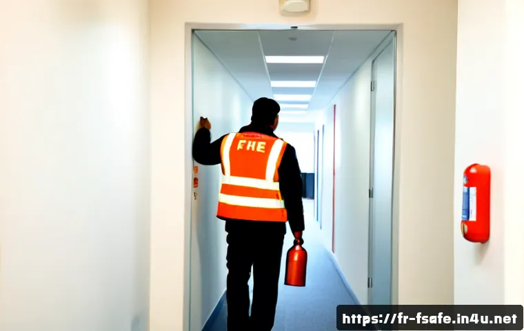 Home 30 소방안전관리사 실무 필수 지식 - Photorealistic French fire safety manager conducting a practical inspection in a modern office build...