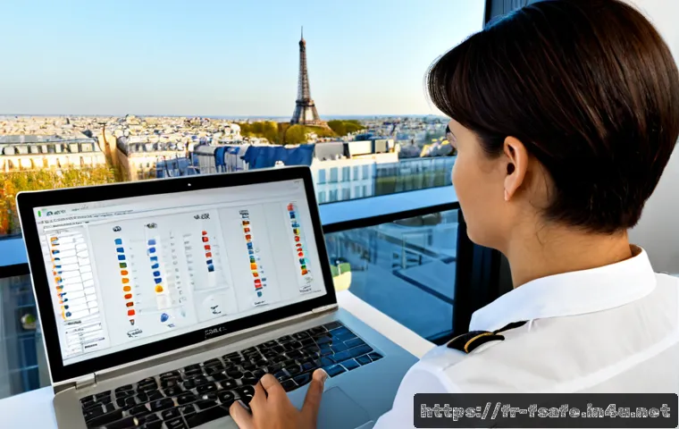 Home 17 소방안전관리사 직무에 유용한 소프트웨어 - Photorealistic French fire safety manager reviewing building compliance software on a large laptop i...